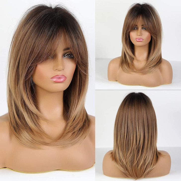 Alanhair Ombre Brown Wigs for WomenShoulderLength Layered Wigs with Bangs Heat Resistant Synthetic Fibre Wigs