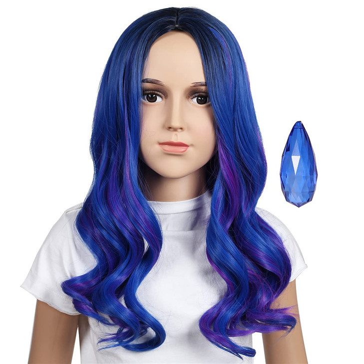 ColorGround Kids Medium Blue Mix Purple Cosplay Wig with Magic Stone for Halloween and Cons Blue Mix Purple