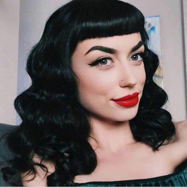 DIFEI Rockabilly Vintage Wig Audrey Hepbum Short Bang Wig Long Finger Wavy Wigs for Women Black