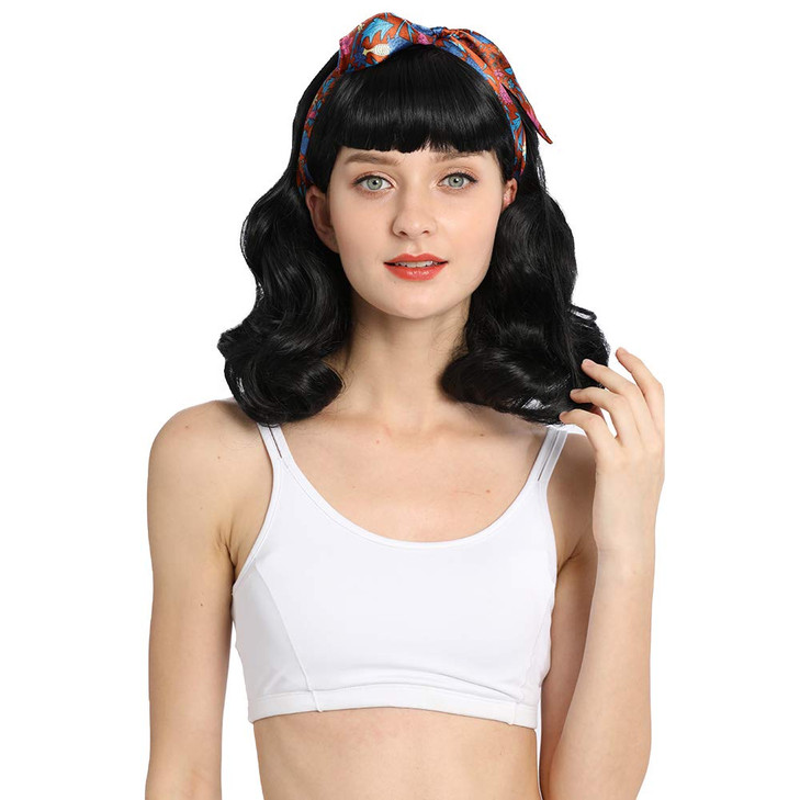 DIFEI Rockabilly Vintage Wig Audrey Hepbum Short Bang Wig Long Finger Wavy Wigs for Women Black