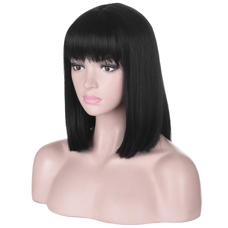 Deifor Short Straight Black Bob Wig with Bangs for Women Natural Heat Resistant Synthetic Hair Wigs