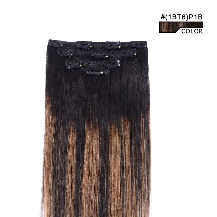 18 Hair Extensions Balayage Clip in Human Hair for Women Silky Straight Natural Black to Chestnut Brown Highlight Black