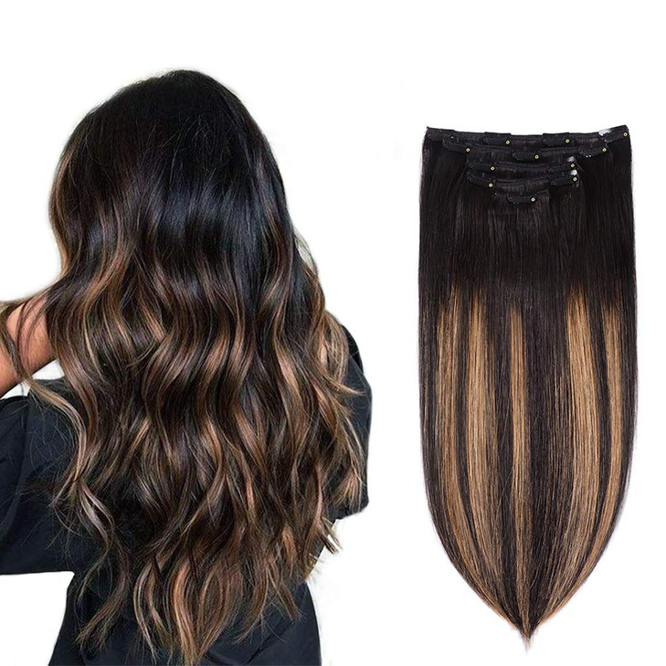 5 Pieces 12 Remy Clip in Hair Extensions Human Hair Natural Black to Chestnut Brown Highlight Black Ombre Silky Straight