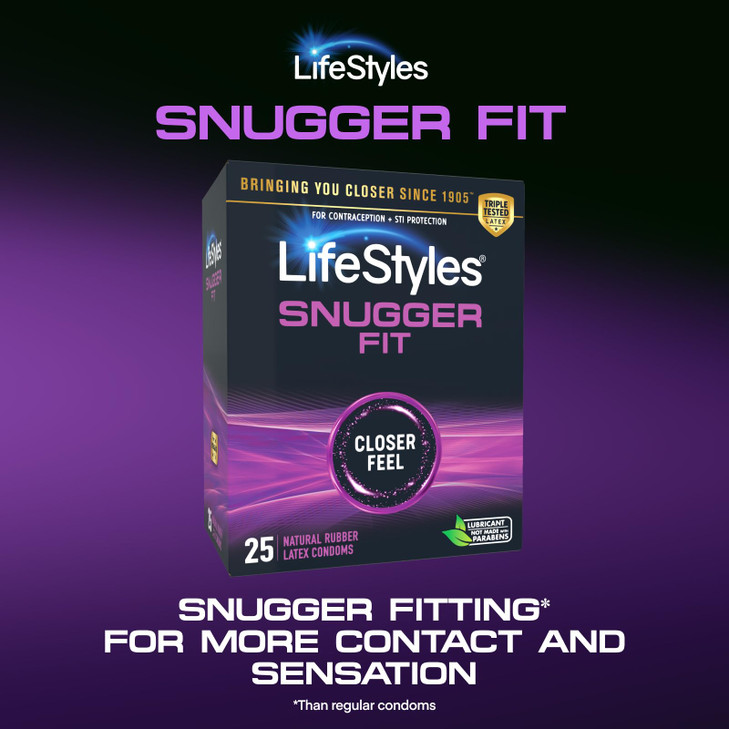 Lifestyles Snugger Fit Natural Rubber and Lubricated Latex Condoms Value Pack, 25 Count, 1 Pack, Triple Tested for Best Protection, Made with UltraGl