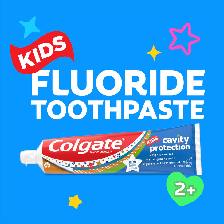 Colgate Kids Cavity Protection Toothpaste with Fluoride, Helps Fight Cavities, Safe for Ages 2+, Mild Bubble Fruit Flavor, Sugar Free, 4.6 Oz Tube