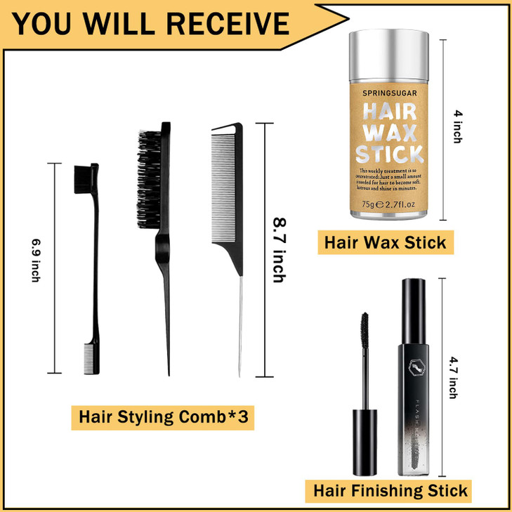 SPRINGSUGAR 5 Pcs Hair Wax Stick for Flyaways Edge Control Slick Styling Tools Includes Finishing Comb Gel for Fly Away