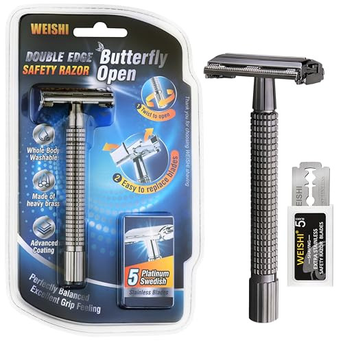 WEISHI Butterfly Open Double Edge Safety Razor for Men Nostalgic Long Handle with 5 Stainless Razor Blades Reusable Wet