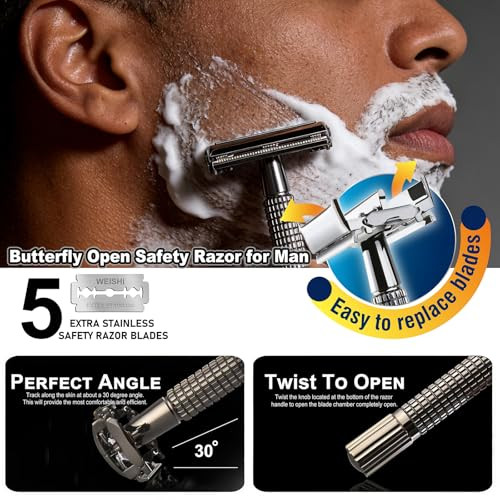 WEISHI Butterfly Open Double Edge Safety Razor for Men Nostalgic Long Handle with 5 Stainless Razor Blades Reusable Wet