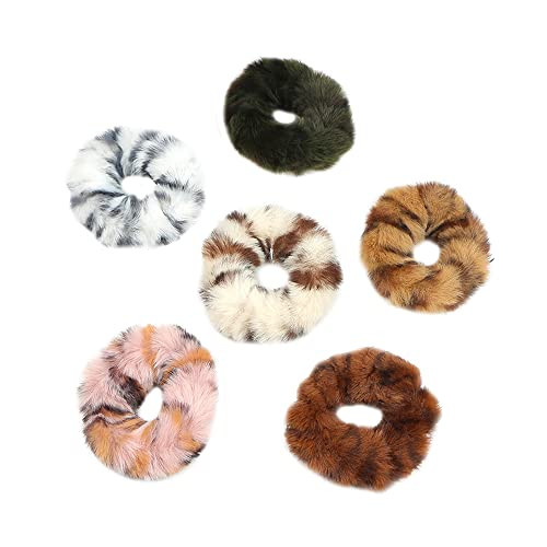 Otyou 6 Pack Cute Soft Rabbit Fur Leopard Print Hair Scrunchies Elastic Hair Bands Ties Scrunchy Bobbles Hair Accessorie