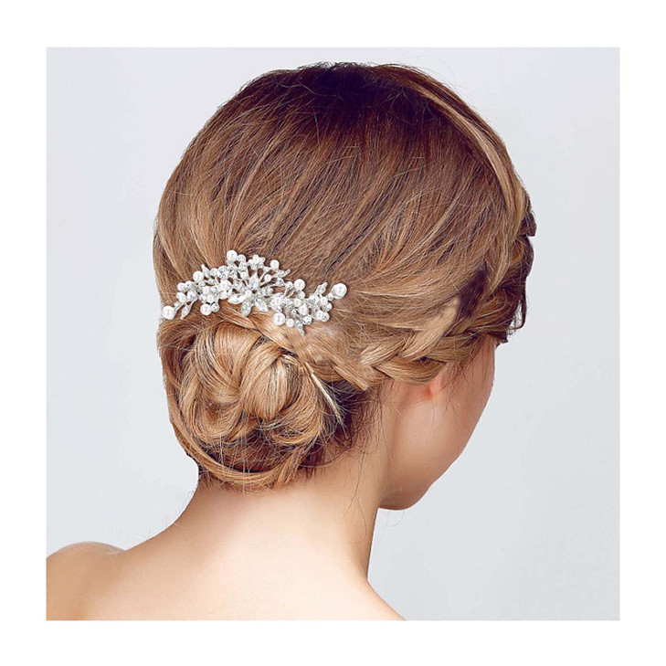EVER FAITH Womens Clear Crystal Ivory Color Simulated Pearl Flower Leaf Bridal Banquet Hair Comb SilverTone
