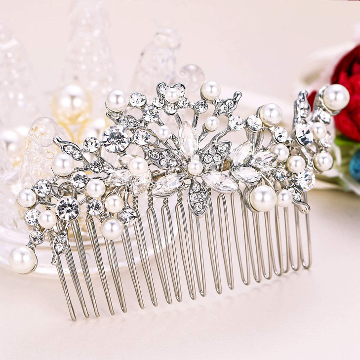 EVER FAITH Womens Clear Crystal Ivory Color Simulated Pearl Flower Leaf Bridal Banquet Hair Comb SilverTone