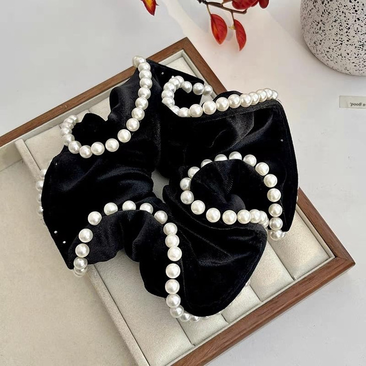 2 Pcs Pearl Hair Velet Scrunchie for Women Hair Ties Ponytail Holder Hair Accessories Black x Burgundy