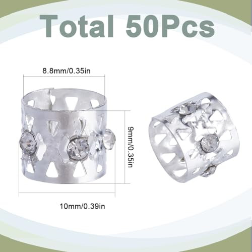 SUNNYCLUE 1 Box 50Pcs Rhinestone Dreadlocks Beads Silver Dreadlock Hair Beads Dreadlocks Braid Beads Hair Braid Rings Ad
