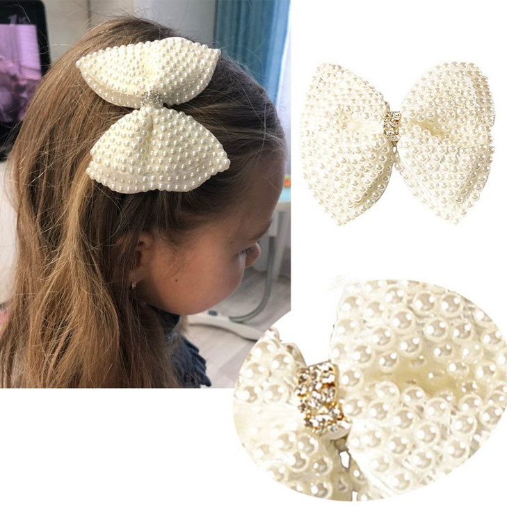 2 Pack 35inch White Rhinestone Hair Bows for Girls Cute Pearls Hair Bow with Alligator Hair Clips Beads Hairgrip for Kid