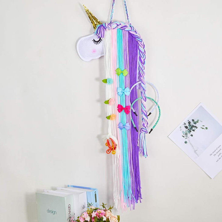 Beinou Unicorn Hair Clips Holder With Rainbow Hot Pink Yarn Tassels Bows Storage Shy Face Headband Organizer for Theme P