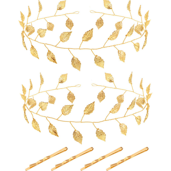 WILLBOND 2 Pcs Greek Goddess Accessories Wedding Headband Gold Leaf Bridal Headpiece Vine Hair Chains for Bridesmaid Flo