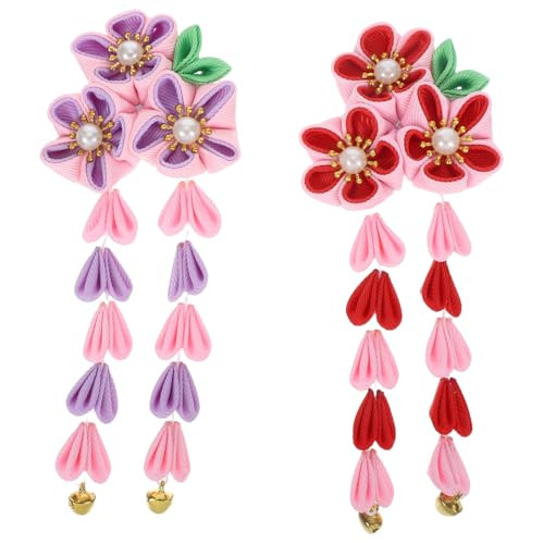 2pcs Womens Girls Kimono Traditional Outfit Wedding Japanese Asian Yukata Hair Tie Flower Floral Fan Barrette Clip PinkR