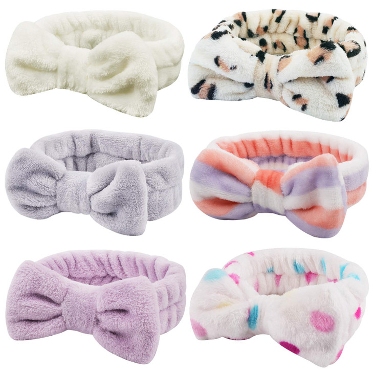 6 Pcs Spa Facial Headbands Set Soft Fleece Headbands for Makeup Face Washing Skin Care Yoga and Shower with Bow Hair Ban