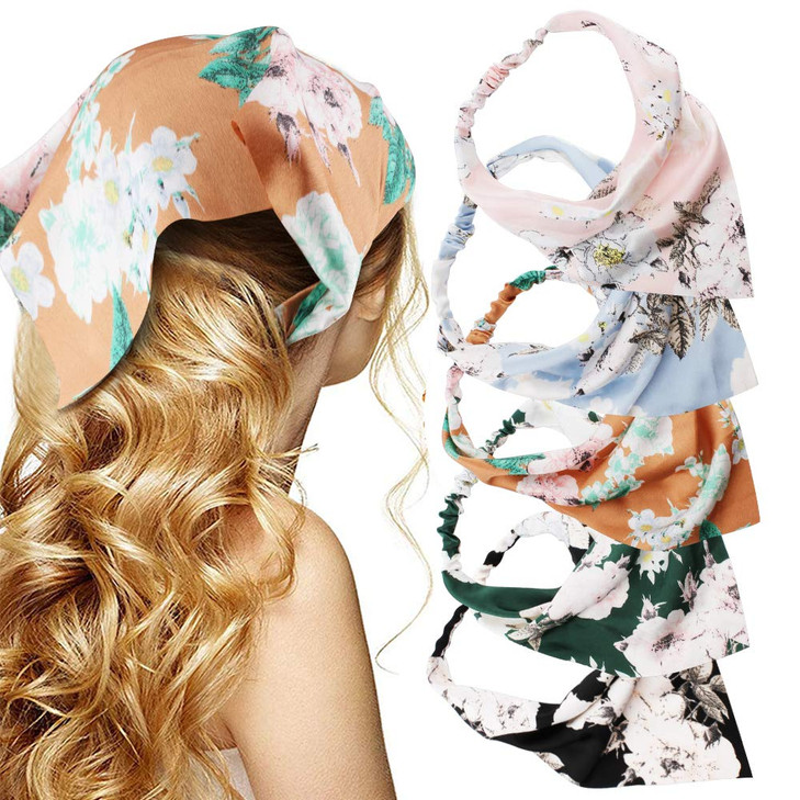 TOBATOBA Beautiful Floral Chiffon Headbands 5 Pcs Boho Elastic Thin Fashion Headbands for Women