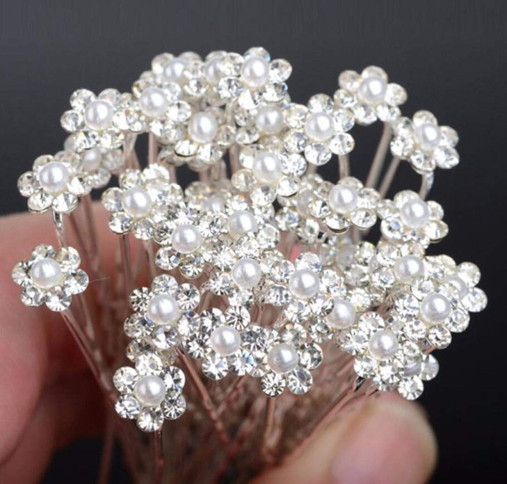 AKOAK 40 Pcs Bride Diamond Pearl Flower Tiara Wedding Bridesmaid Pearl Flower Hair Pin Delicate and Elegant Female Upin