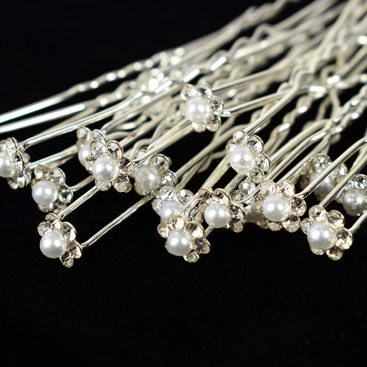 AKOAK 40 Pcs Bride Diamond Pearl Flower Tiara Wedding Bridesmaid Pearl Flower Hair Pin Delicate and Elegant Female Upin