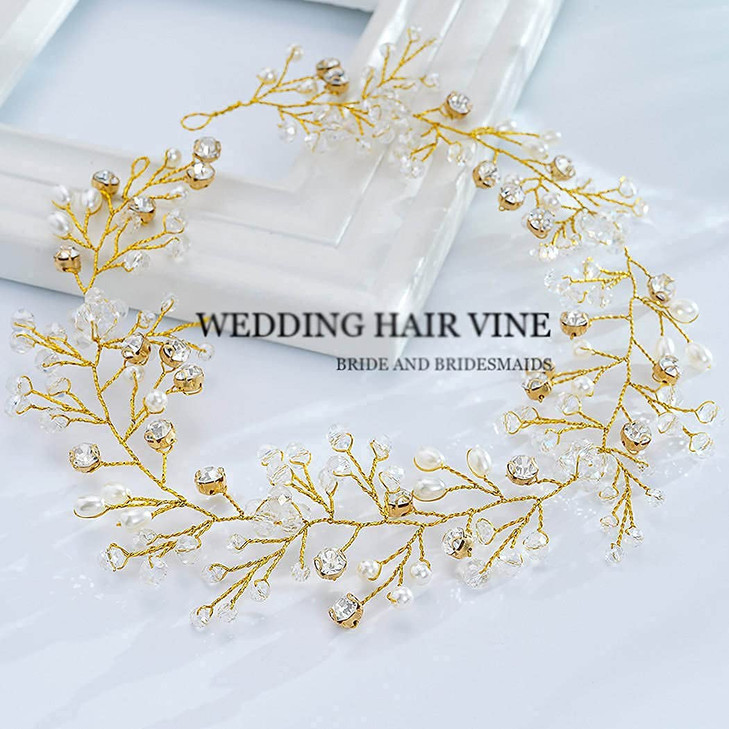 JONKY Rhinestone Bride Wedding Hair Vine Gold Pearl Hair Piece Bridal Hair Accessories for Women