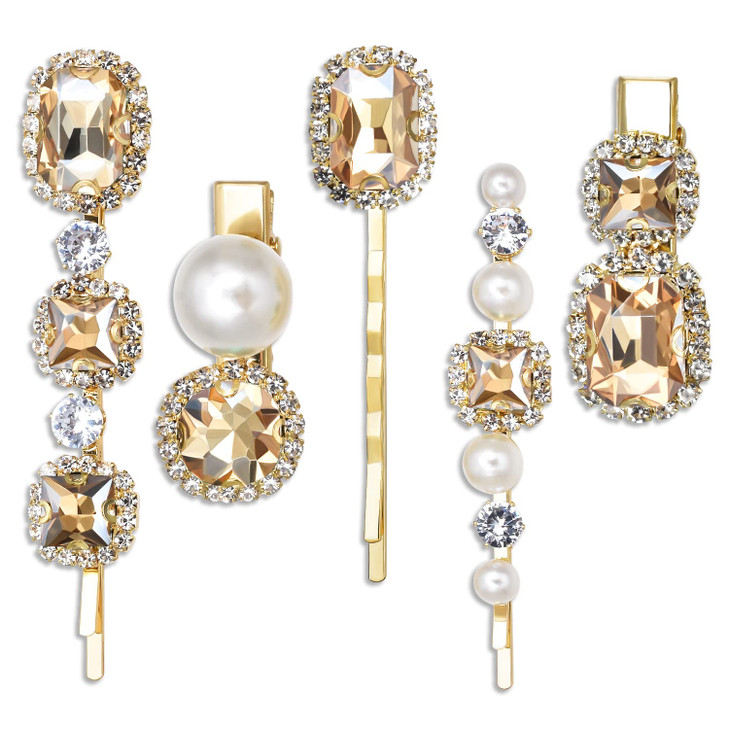 Vintage Hair Clips Rhinestones Decorative Hair Pins Handmade Champagne Crystal Pearl Hair Barrettes Elegant Gold Metal H