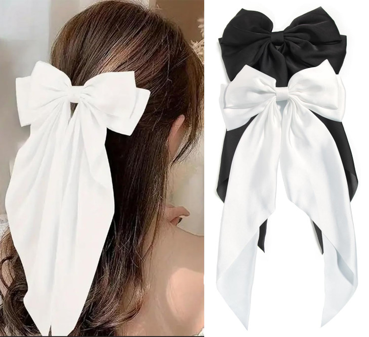 SUSULU Hair Bows for Women Oversized Black White Hair Bow Clips Big Hair Bow Long Tail Large Satin Silky Hair Ribbon Bow