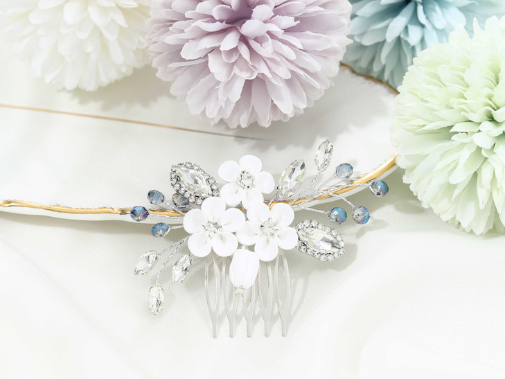 Catery Flower Bride Wedding Hair Comb Silver Small Side Comb Blue Crystal Hair Piece Jewelry Accessories for Women and G