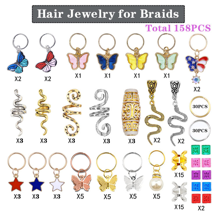 NAISKA 158PCS Gold Butterfly Hair Jewelry for Braid Loc Dreadlock Clip Accessories Halloween Snake Charms for Braid Clip