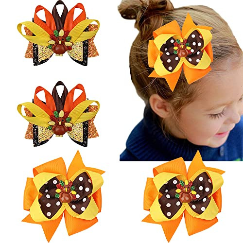 Thanksgiving Hair Bow Clip Toddler Girls Turkey Glitter Bow Hairpins Holiday Hair Accessories for Autumn Fall Festival T