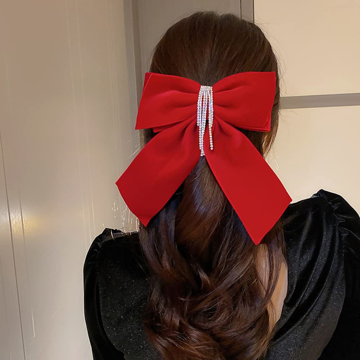 Wiwpar Velvet Big Red Hair Bows Hair Clips Barrettes for Women Sparkly Rhinestone Tassel Hair Clips Barrettes Bowknot wi