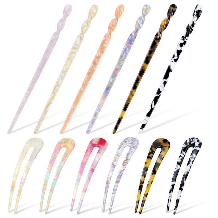 Dizila 12 Pack Retro Vintage Chinese Leopard Print Acetate Hair Sticks Chopsticks Forks Tortoise Shell Ushaped Hair Pins