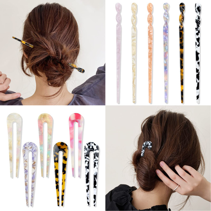 Dizila 12 Pack Retro Vintage Chinese Leopard Print Acetate Hair Sticks Chopsticks Forks Tortoise Shell Ushaped Hair Pins