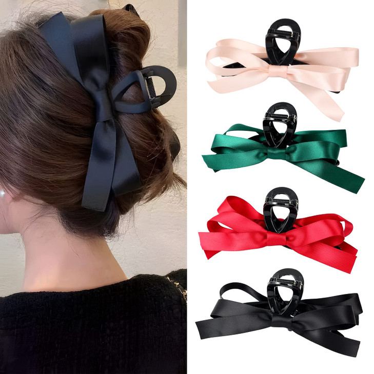 MHDGG Big Bow Hair Claw Clips for Women4pcs Bow Hair Barrette Nonslip Claw Clip for Thin Thick Curly HairBow Hair Dress