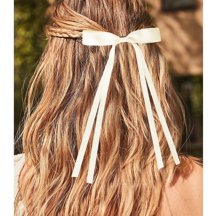 Bmobuo Hair Ribbon 6PCS Satin Coquette Aesthetic Ponytail Holders Womens Hair Bows Alligator Clips and Barrettes in Whit