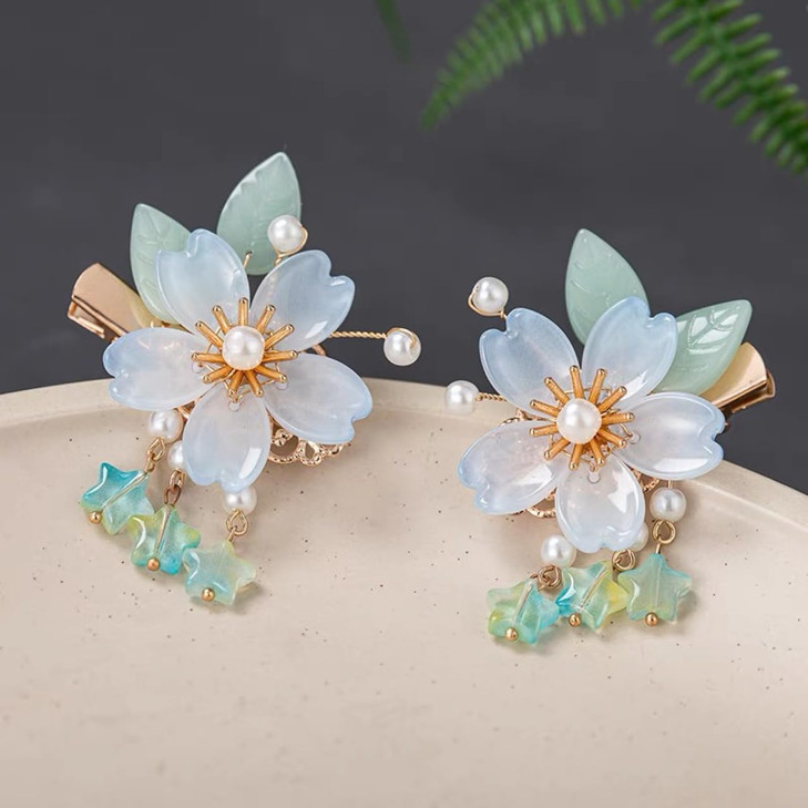 Vintage Light Blue Flower Hair Clips A Pair of Sakura Decorative Hair Clips Tassel Pearl Barrettes Wedding Hair Pins Hai