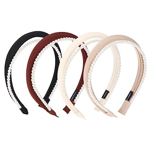 LifeDawn Pearls Headband Padded Headbands for Women 4Pcs Narrow Pearls Padded Plain Turban Headband Bridal Hair Hoop Wed