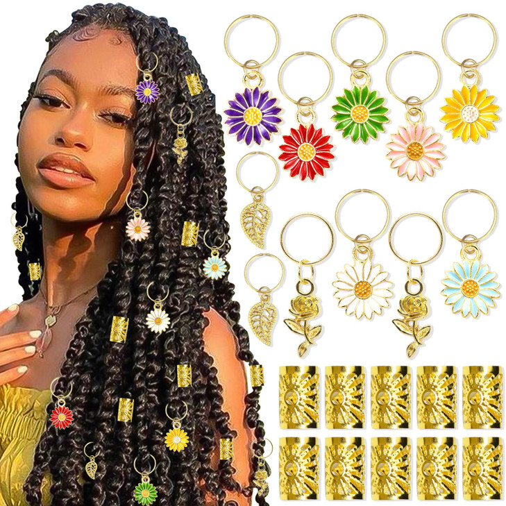 NAISKA 21PCS Gold Flower Braid Clips Colorful Dreadlock Accessories Braid Beads Daisy Braid Charms Leaf Hair Rings Cuffs
