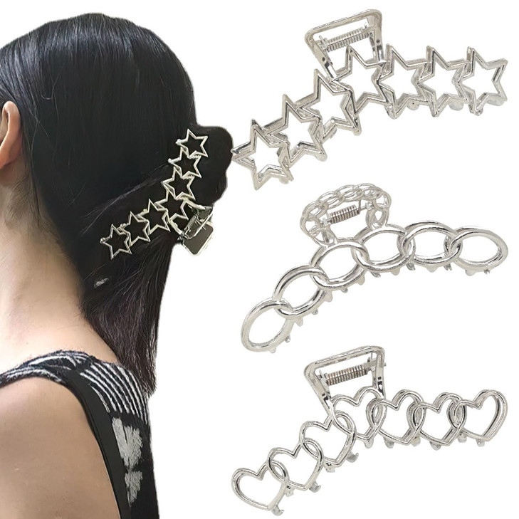 3 PCS Y2k Metal Hair Claw Clips for Women Big Silver Alloy Star Heart Claw Clips Nonslip Design Claw Hair Clips for Thic