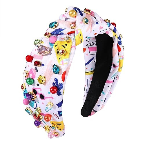 Back to School Headband Colorful Crystal Beads Knotted Headband Cute School Teacher Pattern Top Knot Twist Hairband Head