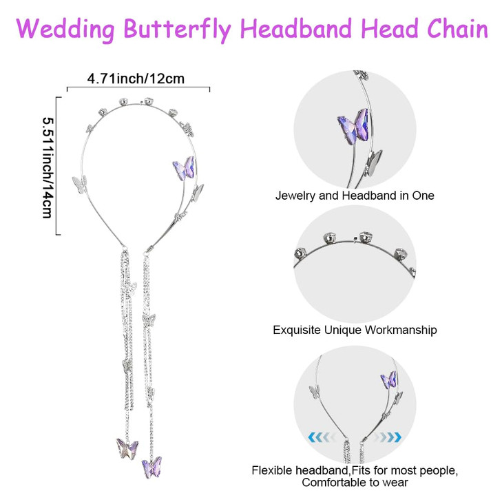 Lflwacy Wedding Butterfly Headband Head Chain Silver Tassel Hair Hoop Band Hair Vine Vintage Decorative Headwear Headpie