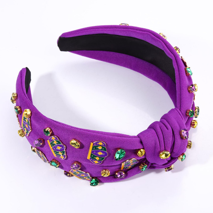 mokkia Mardi Gras Headband Accessories for Women Beaded Fleur De Lis Headband Purple Jeweled Rhinestone Knotted Hairband