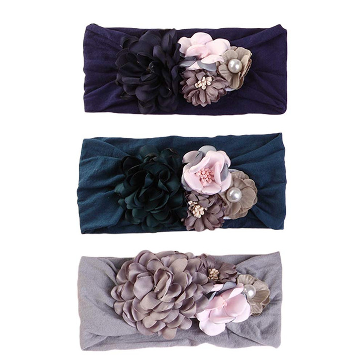 Baby Girls Beautiful Headbands with Chiffon Lotus Flower Soft Nylon HeadwrapHead Wraps for NewbornToddler and Kids 3pc C