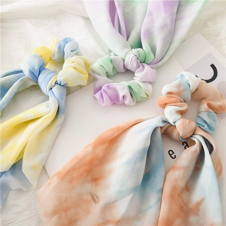 Outyua Bow Solid Tie Dye Scrunchies Chiffon Hair Scarfs Hair Elastic Scrunchy Ties Elegant Cute Bowknot Ponytail Scrunch