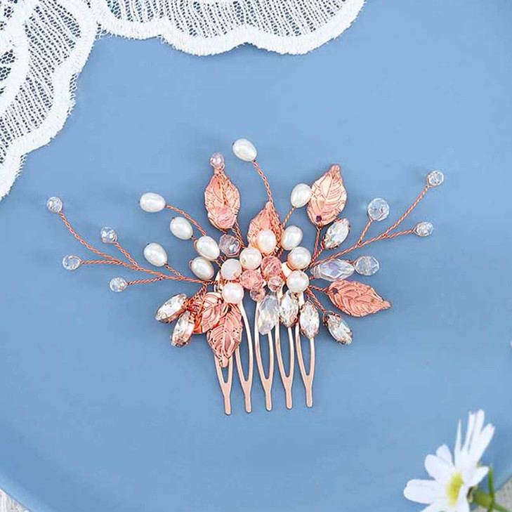 YBSHIN Rose Gold Bridal Hair Comb with Pearls Rhinestones Wedding Leaf Hair Accessories for Women