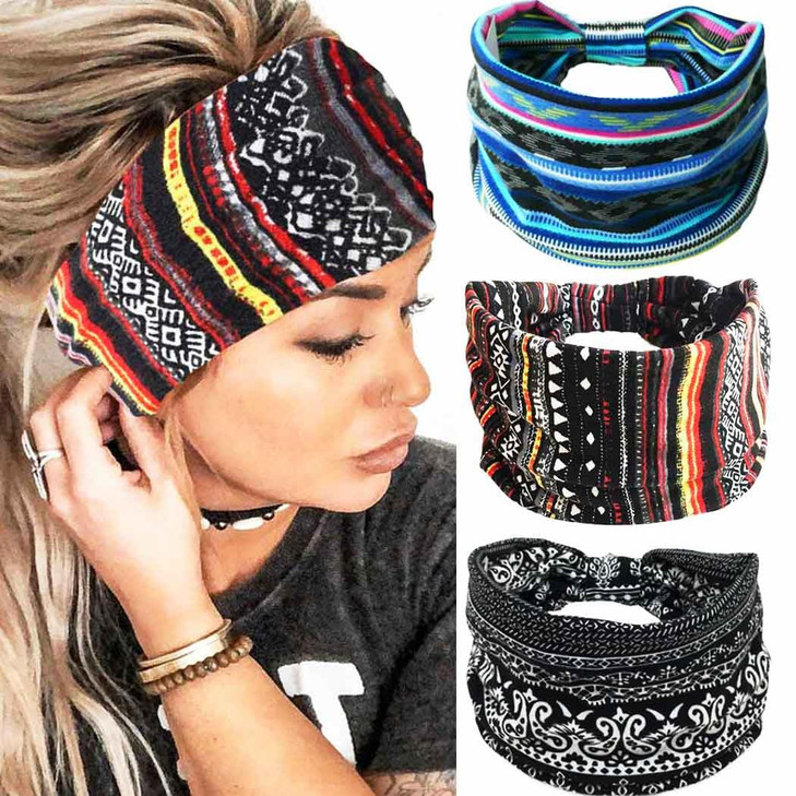 GORTIN Boho Headbands Stretch Wide Hair Bands Black Elastic Yoga Sweatband Knoted Turban Headband Cloth Twist Head Wraps