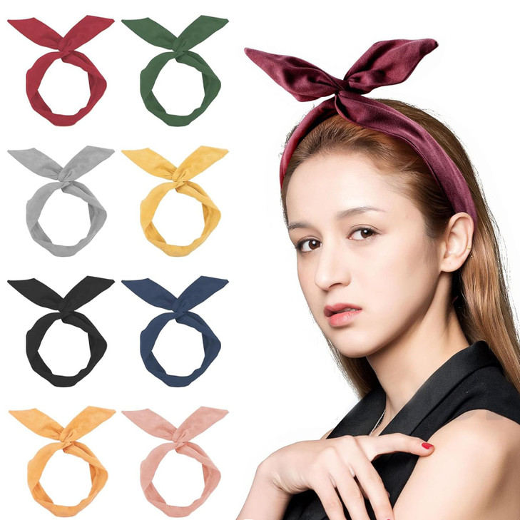 Framendino 9 Pack Solid Colors Wire Headbands Rabbit Ear Bow Headband Twist Wired Hairbands Bowknot Head Wrap Hair Acces