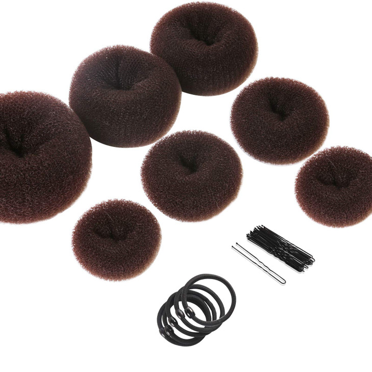 Teenitor Donut Hair Bun Maker Set 7 Rings 1 ExtraLarge 2 Large 2 Medium 2 Small 5 Elastic Bands 20 Hair Pins Dark Brown