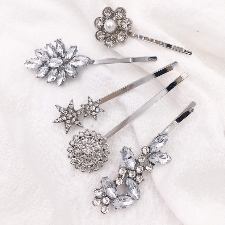 5Pack Vintage Crystal Decorative Bobby Pins Hair Accessories Silver Tone Women